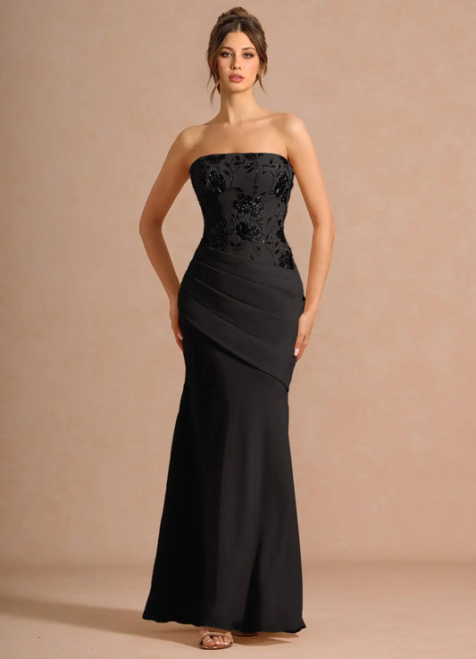 Black Mermaid Strapless Lace Lace-Up Back Ruched Floor-Length Wedding Dress - Yihuiw by Yihuiw
