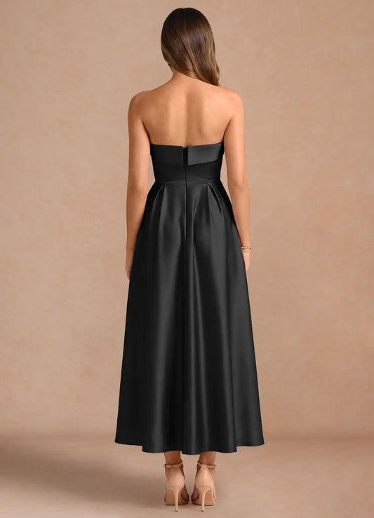 Black Strapless Satin Pleated Midi Wedding Dress - Yihuiw by Yihuiw