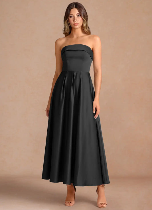 Black Strapless Satin Pleated Midi Wedding Dress - Yihuiw by Yihuiw