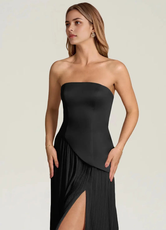 Black Strapless Maxi Dress with Draped Scarf and Side Slit A-Line Strapless Chiffon Convertible Dress Bridesmaid Dresses by YiHuiw