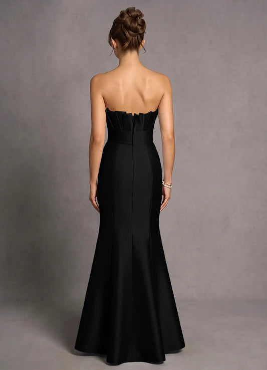 Black Mermaid Strapless Satin Pleated Floor-Length Wedding Dress - Yihuiw by Yihuiw