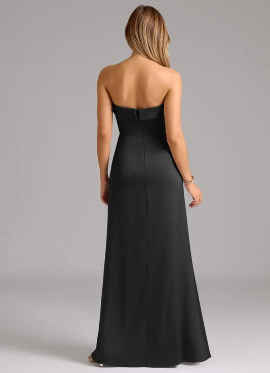 Black Strapless Satin Evening Gown with Side Slit A-Line Stretch Satin Convertible Dress Bridesmaid Dresses by YiHuiw