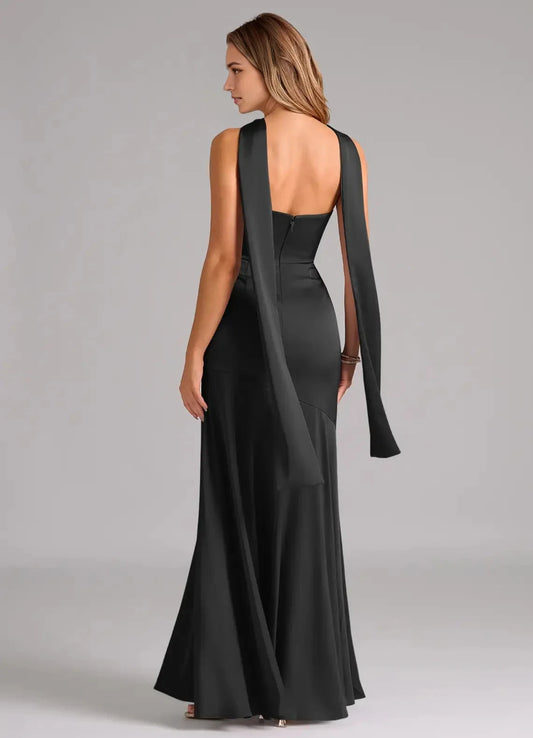 Black Strapless Satin Maxi Dress with Long Scarf Detail Mermaid Stretch Convertible Dress Bridesmaid Dresses by YiHuiw