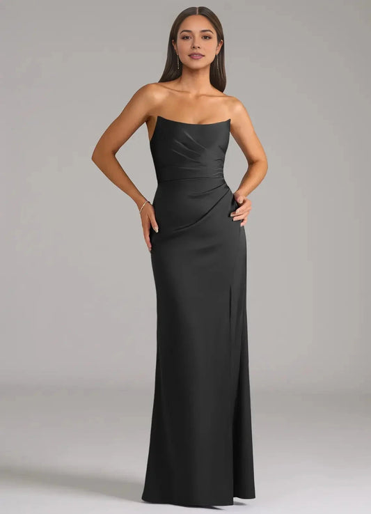 Black Strapless Satin Maxi Dress with Side Slit Sheath Stretch Convertible Bridesmaid Dresses by YiHuiw