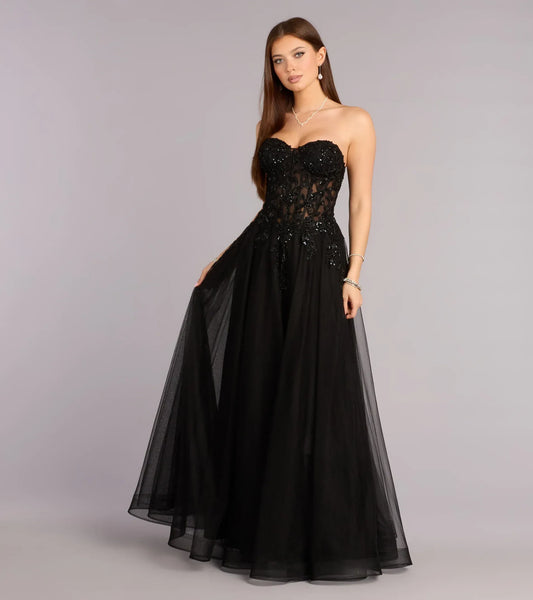 Black A-Line Strapless Tulle Lace-Up Back Floor-Length Wedding Dress - Yihuiw by Yihuiw