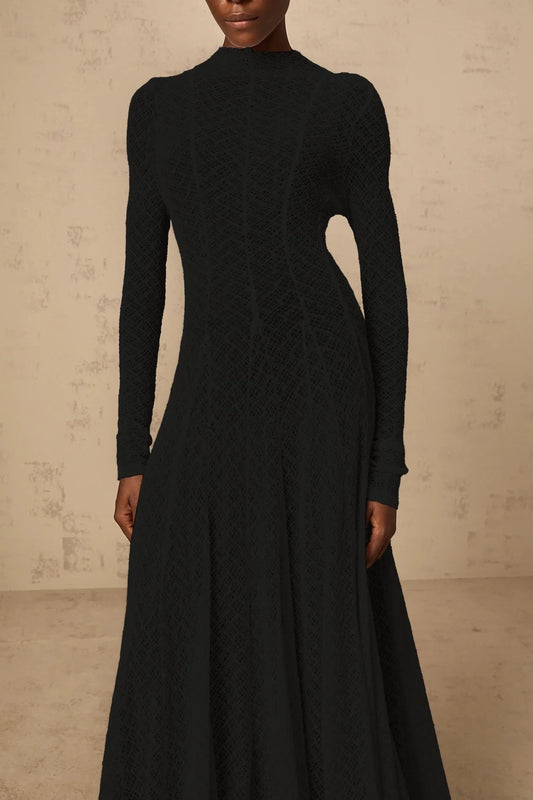 Black Textured Mock Neck Long Sleeve Maxi Dress Athena wavy-pattern lace maxi dress in Black Evening Dress by YiHuiw