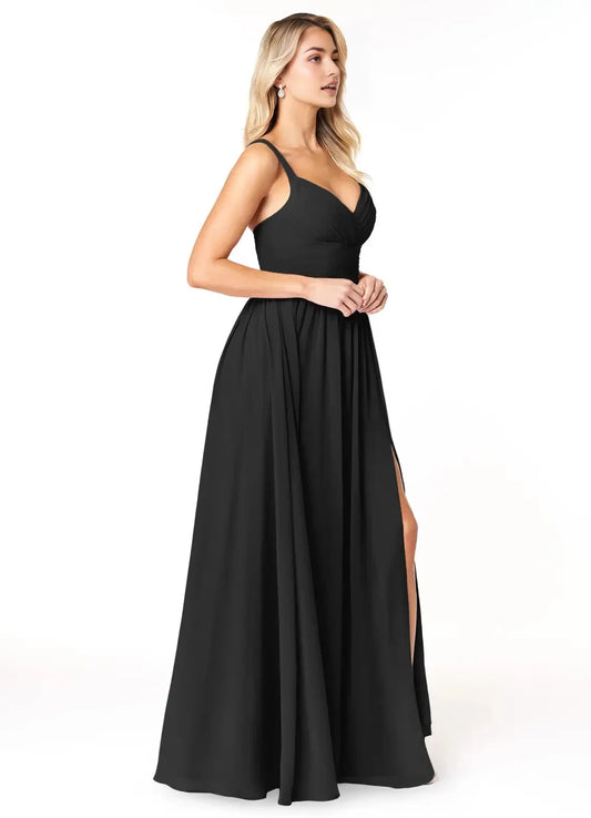 Black V-Neck Chiffon Maxi Dress with Side Slit and Thin Straps Black A-Line Pleated Chiffon Dress Bridesmaid Dresses by YiHuiw