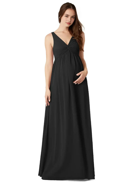 Black V-Neck Maternity Maxi Dress with Ruched Detail A-Line V-Neck Gathered Chiffon Floor-Length Dress black Bridesmaid Dresses by YiHuiw