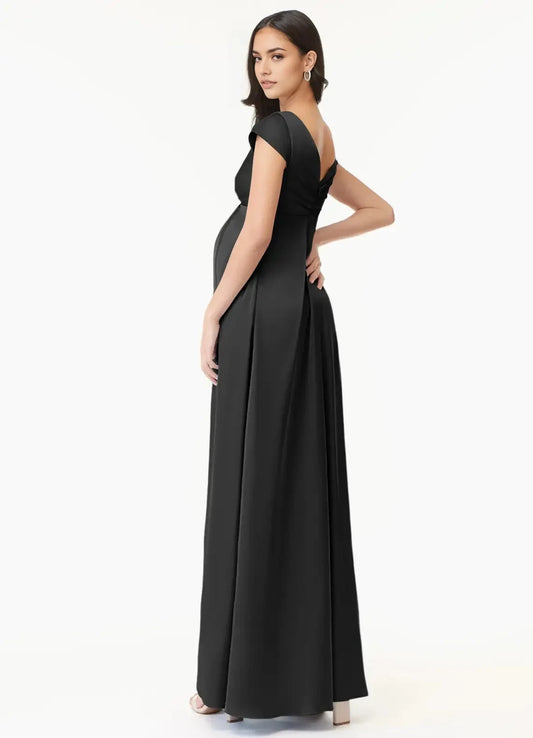 Black V-Neck Maternity Maxi Dress with Side Slit A-Line Pleated Stretch Satin Floor-Length Dress black Bridesmaid Dresses by YiHuiw