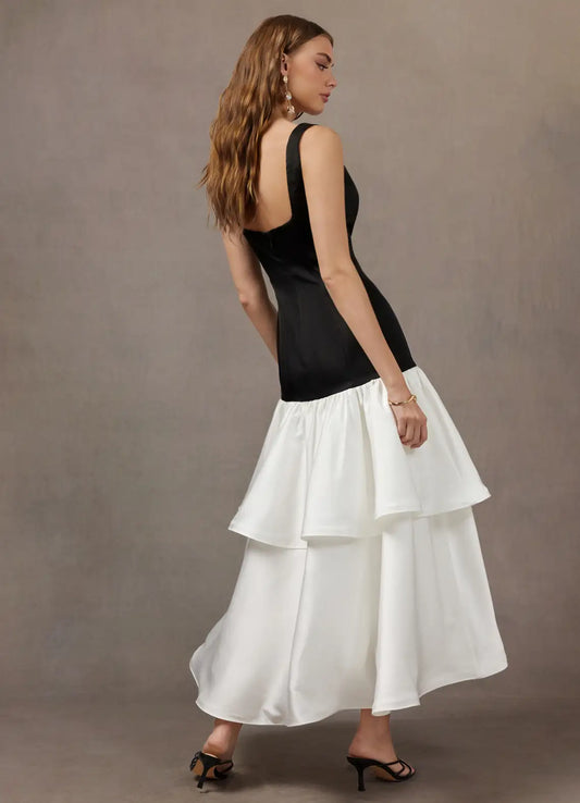 Black Square Neck Satin Ruffled Midi Wedding Dress - Yihuiw by Yihuiw
