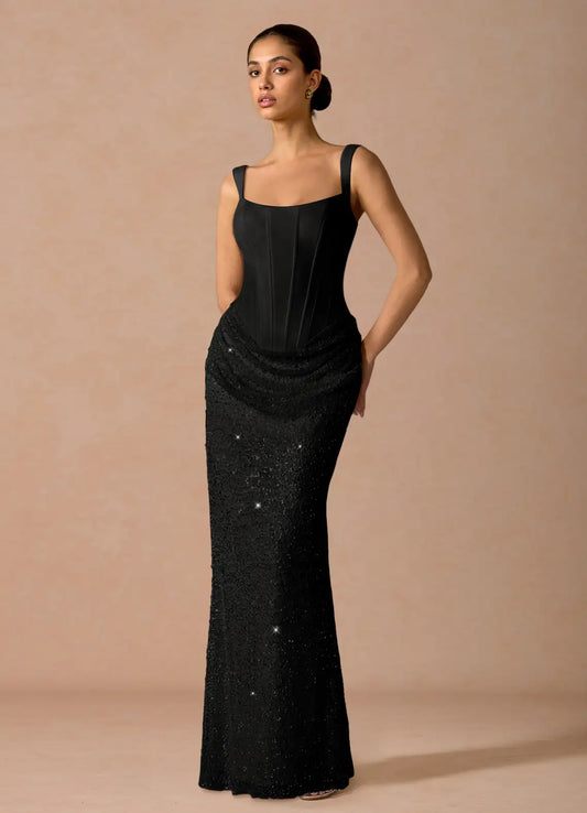 Black Mermaid Square Neck Sequin Lace-Up Back Draped Floor-Length Wedding Dress - Yihuiw by Yihuiw