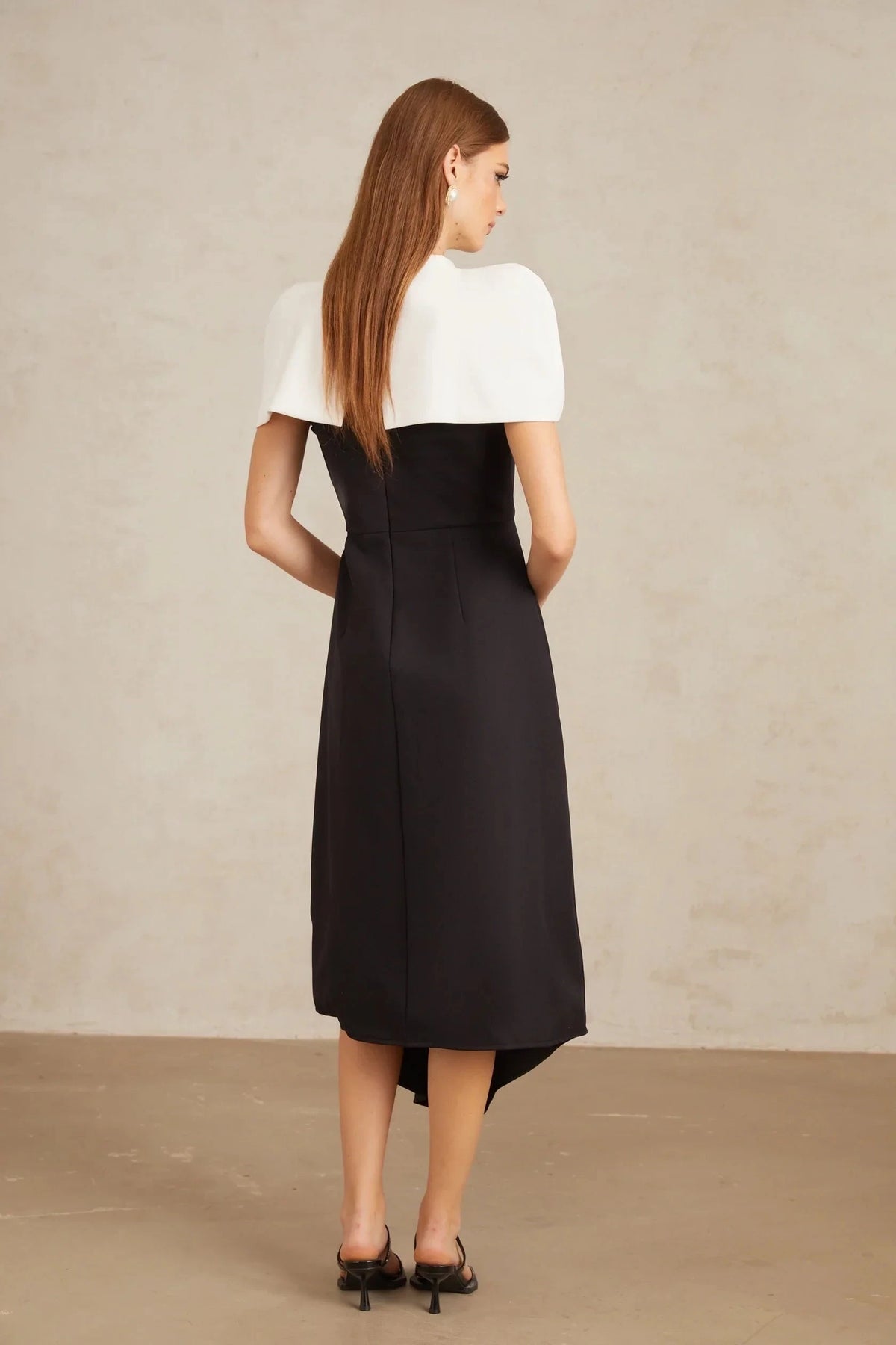 Black and White Contrast Cape - Style Midi Dress Fabienne Color Block Midi Dress with Shawl Detail Evening Dress by YiHuiw
