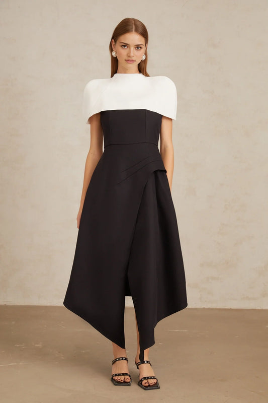 Black and White Contrast Cape - Style Midi Dress Fabienne Color Block Midi Dress with Shawl Detail Evening Dress