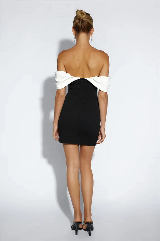 Black and White Off-Shoulder Mini Dress with Bow Detail Off-shoulder design Short Prom Dress by YiHuiw