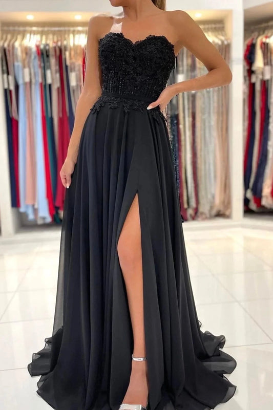 Black Chiffon Lace Long Prom Dress A-Line Strapless Evening Party Dress simple gentle atmospheric and unique desi Bring summer colors to enhance whitenes by YiHuiw