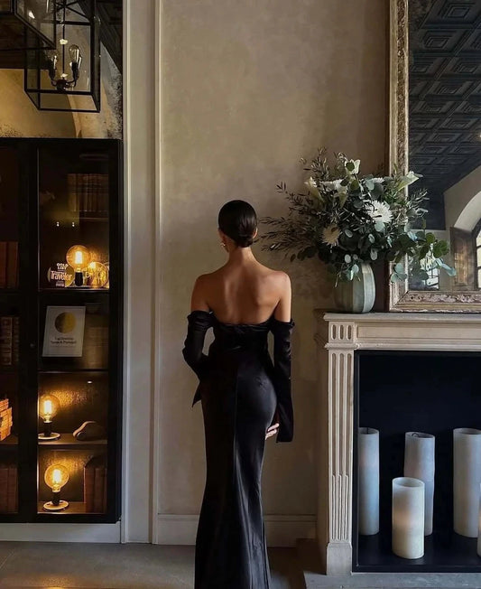 Black Long Sleeves Prom Dresses Strapless Mermaid Formal Evening Outfit simple gentle atmospheric and unique desi Bring summer colors to enhance whiteness by YiHuiw