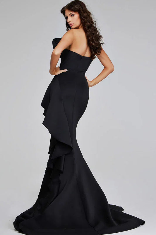 Black One-Shoulder Scuba Mermaid Evening Dress with 3D Ruffle Detail and Sweep Train