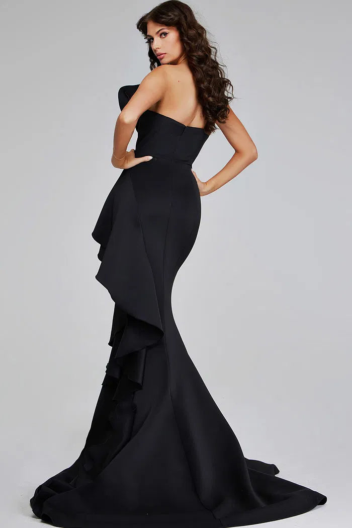 Vestido de noche negro de sirena estilo buceo con un solo hombro, detalle de volantes 3D y cola de barrido