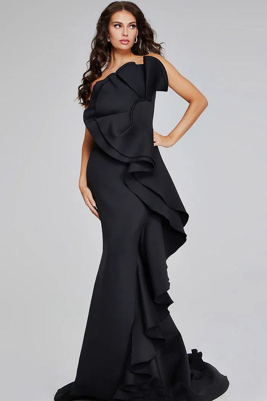 Black One-Shoulder Scuba Mermaid Evening Dress with 3D Ruffle Detail and Sweep Train