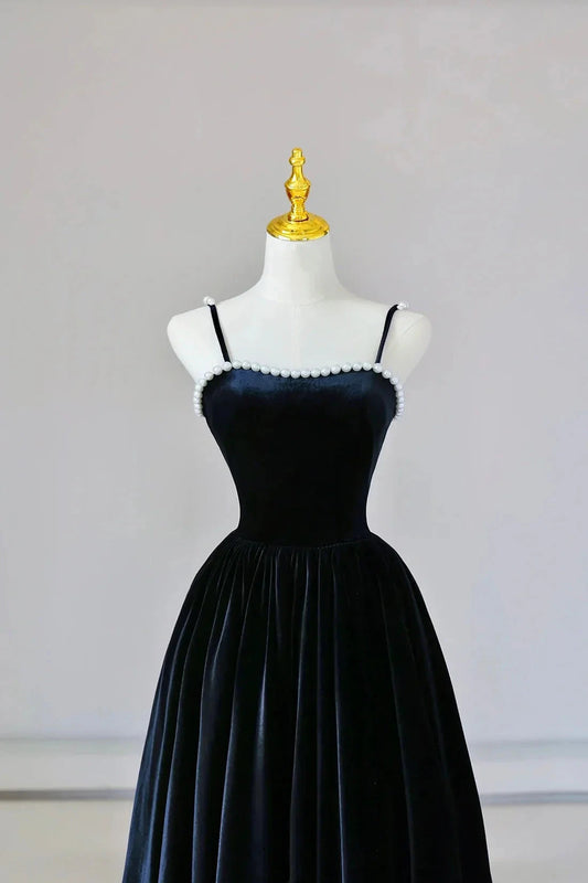 Black Spaghetti Strap Velvet Long Prom Dress with Pearls A-Line Evening Dress Party Dress simple gentle atmospheric and unique desi Bring summer colors to enhance white by YiHuiw