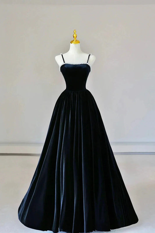 Black Spaghetti Strap Velvet Long Prom Dress with Pearls A-Line Evening Dress Party Dress simple gentle atmospheric and unique desi Bring summer colors to enhance white by YiHuiw