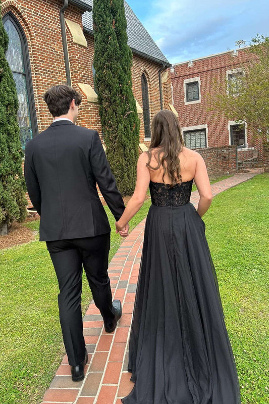Black Strapless Lace Corset Prom Dress with Chiffon A-Line Skirt & Sweep Train by JiMiss Dresses