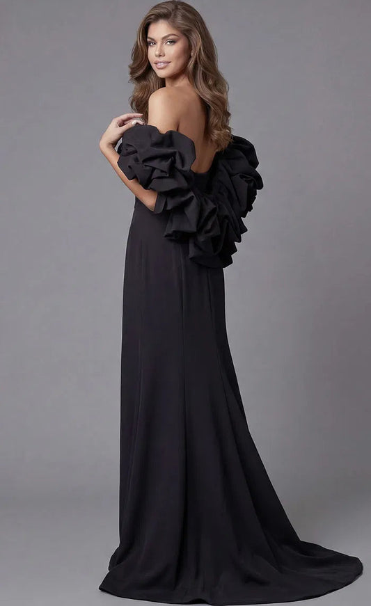 Black Strapless Mermaid Evening Dress with Dramatic Ruffled Sleeves and Sweep Train