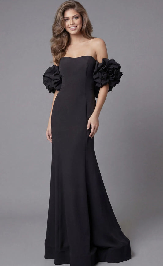 Black Strapless Mermaid Evening Dress with Dramatic Ruffled Sleeves and Sweep Train