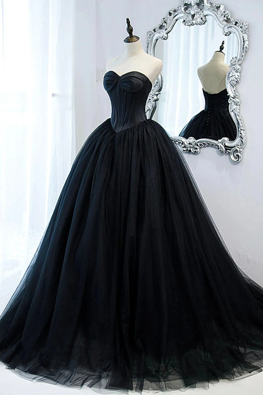 Black Strapless Tulle Long A-Line Prom Dress Black Formal Evening Gown simple gentle atmospheric and unique desi Bring summer colors to enhance white by YiHuiw