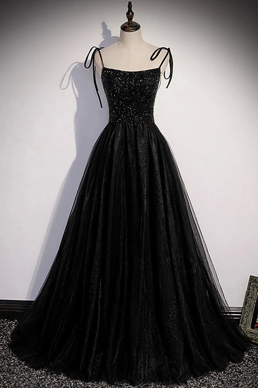 Black Tulle Beaded Long Prom Dress A-Line Spaghetti Straps Evening Dress simple gentle atmospheric and unique desi Bring summer colors to enhance whitenes by YiHuiw