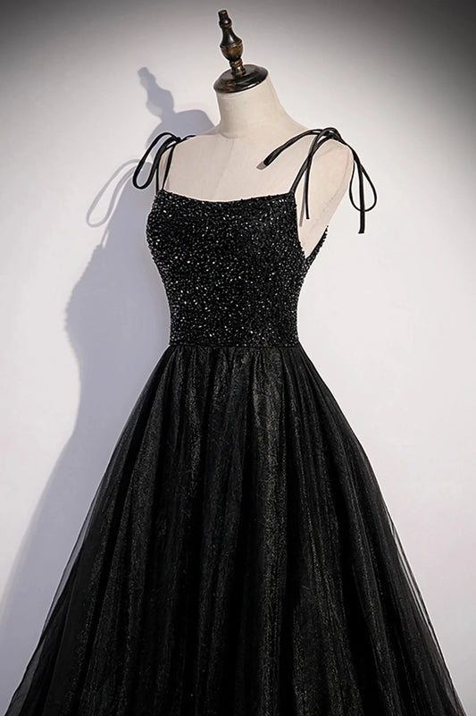 Black Tulle Beaded Long Prom Dress A-Line Spaghetti Straps Evening Dress simple gentle atmospheric and unique desi Bring summer colors to enhance whitenes by YiHuiw