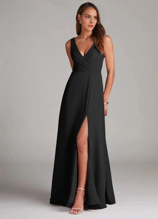 Black V-Neck Open Back Evening Gown with Side Slit A-Line Pleated Chiffon Bridesmaid Dresses by YiHuiw