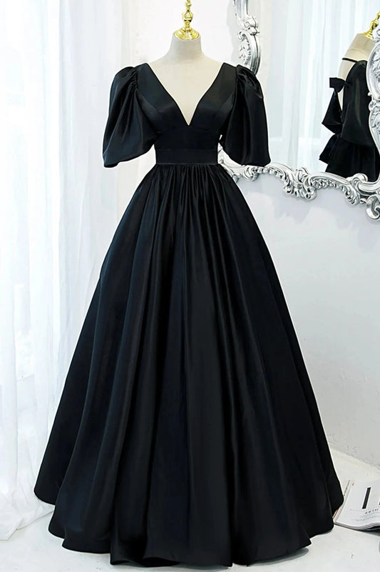 Black V-Neck Satin Long Prom Dress A-Line Short Sleeve Evening Dress imple gentle atmospheric and unique desi Bring summer colors to enhance whitenes by YiHuiw