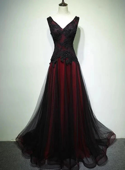 Black and Red Tulle V-neckline Beaded Lace Long Party Dress,A-line Formal Evening Dresses simple gentle atmospheric and unique desi Bring summer colors to enhance whiteness by YiHuiw