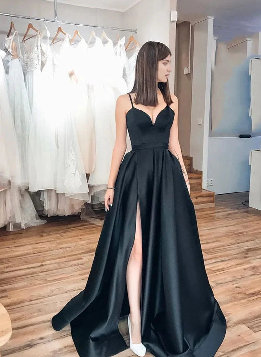 Black camisole long dress with deep V-neckline and high slit on the side hem, suitable for dinners, dances, etc by YiHuiw