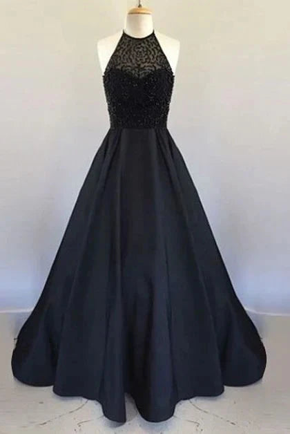 Black long dress with a hanging neck collar suitable for dinners, dances, formal parties, etc by YiHuiw