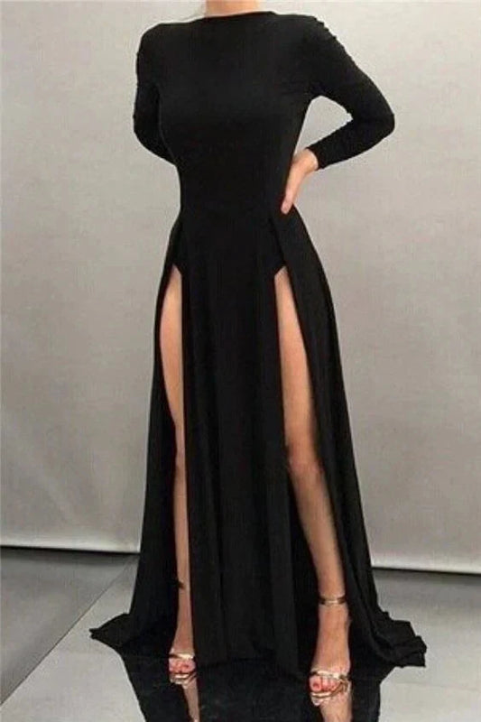 Black long sleeved long dress with a high neck design, slim fit and high slit on both sides suitable for dinners, red carpets, etc by YiHuiw