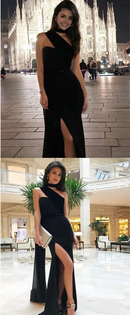 Black one shoulder long dress dress, paired with black velvet, suitable for dinners, parties, red carpets, etc by YiHuiw