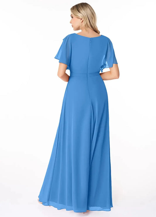 Blue Chiffon Maxi with Ruffled Shoulder and Belted Waist Scoop Pleated Floor-Length Dress Blue Jay Bridesmaid Dresses by YiHuiw