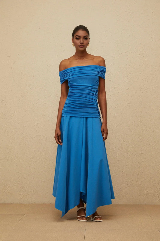 Blue Off - Shoulder Ruched Maxi Dress with Asymmetric Hem Blue Off-Shoulder Ruched Maxi Dress Evening Dress by YiHuiw