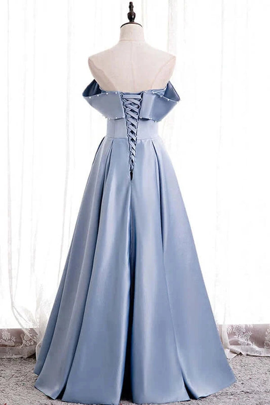 Blue Satin A-line Off-the-Shoulder Beaded Prom Dresses evening party dress simple gentle atmospheric and unique desi Bring summer colors to enhance whiteness by YiHuiw