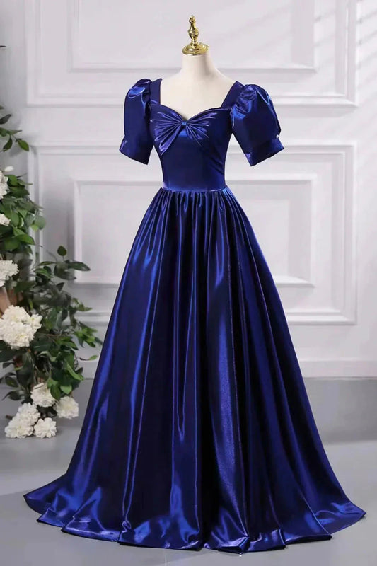 Blue Satin Floor Length Prom Dress A-Line Short Sleeve Backless Evening Party Dress simple gentle atmospheric and unique desi Bring summer by YiHuiw