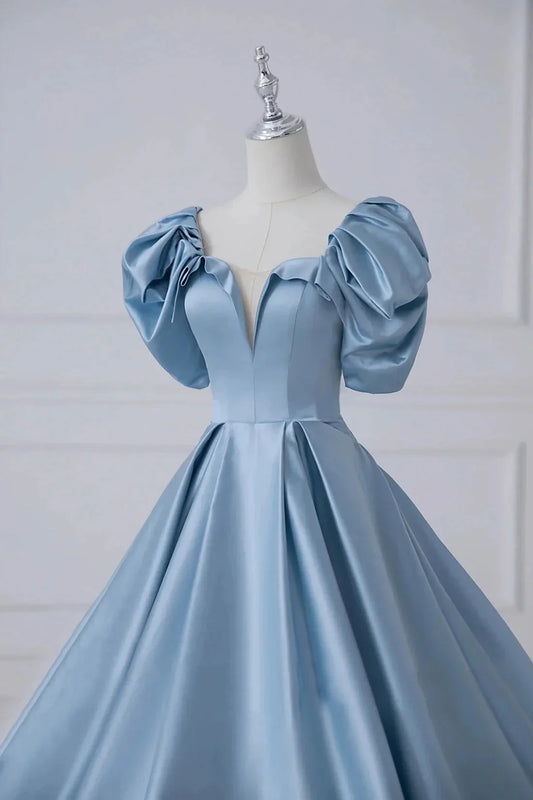 Blue Satin Long A-Line Prom Dress Beautiful A-Line Short Sleeve Evening Dress simple gentle atmospheric and unique desi Bring summer colors to enhance white by YiHuiw