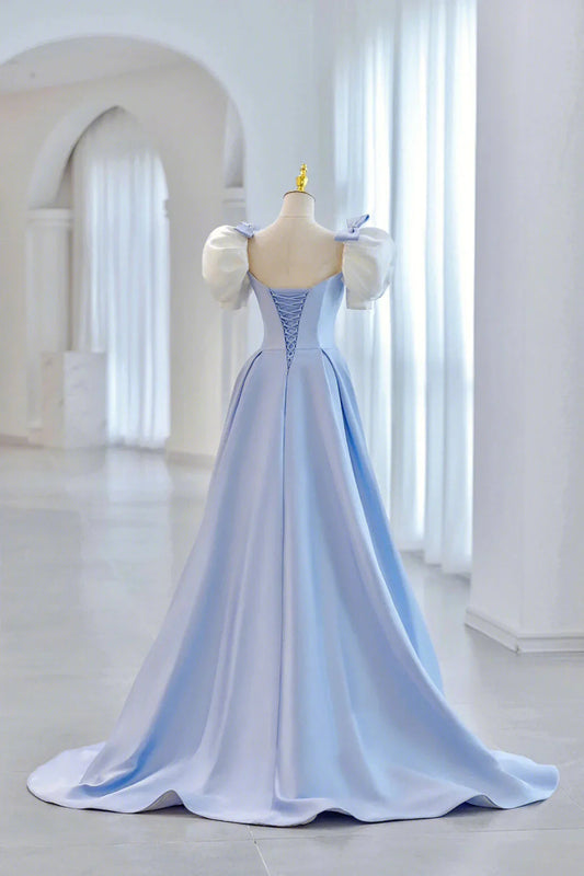 Blue Satin Long A-Line Prom Dress Lovely Short Sleeve Formal Evening Dress simple gentle atmospheric and unique desi Bring summer colors to enhance white by YiHuiw