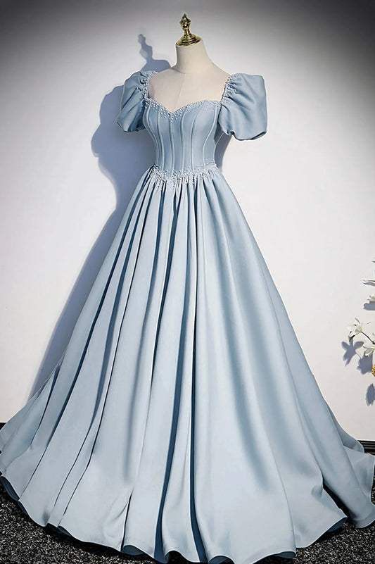 Blue Satin Long A-Line Prom Dress with Pearls Cute Short Sleeve Evening Dress simple gentle atmospheric and unique desi Bring summer colors to enhance whitenes by YiHuiw
