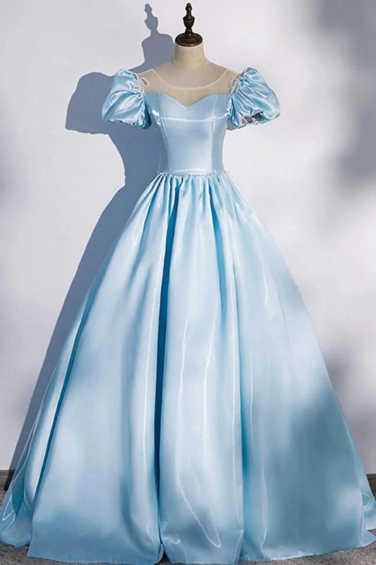 Blue Satin Long Prom Dress Blue A-Line Scoop Neckline Short Sleeve Evening Dress simple gentle atmospheric and unique desi Bring summer colors to enhance white by YiHuiw