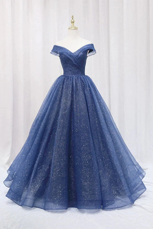 Blue Shiny Tulle Off the Shoulder Prom Dress Blue V-Neck Evening Dress simple gentle atmospheric and unique desi Bring summer colors to enhance whitenes by YiHuiw
