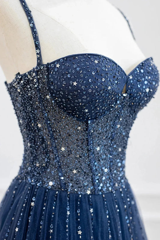 Blue Tulle Beaded Long Prom Dress Formal Dress Blue Evening Dress simple gentle atmospheric and unique desi Bring summer colors to enhance white by YiHuiw