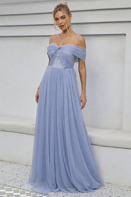 Dusty Blue A-Line Off-Shoulder Short-Sleeve Open-Back Floor-Length Evening Dress