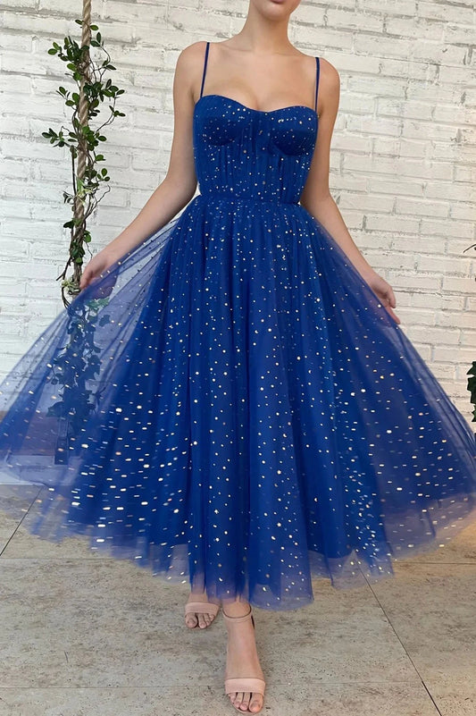 Blue Tulle Short A-Line Prom Dress Cute Spaghetti Strap Homecoming Party Dress simple gentle atmospheric and unique desi Bring summer colors to enhance whitenes by YiHuiw